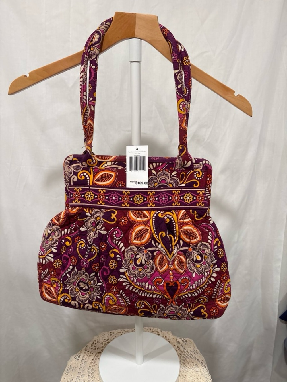Vera Bradley Quilted Floral Hobo in Burgundy with Orange and Pink Accents